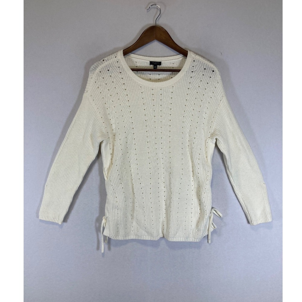 Coastal Preppy Talbots Women MP Ivory Pointelle Side Tie Crew Neck Sweater